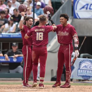 May 25, 2024; Charlotte, NC, USA; Florida State outfielder Max Williams (18) celebrates after hitting a home run against Wake Forest during the ACC Baseball Tournament at Truist Field. Mandatory Credit: Cory Knowlton-USA TODAY Sports
