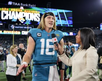 Jacksonville Jaguars quarterback TREVOR LAWRENCE (16) gives an interview after winning during the Jacksonville Jaguars vs Tennessee Titans NFL game at TIAA Bank Field Stadium in Jacksonville, Fl on January 7, 2023.