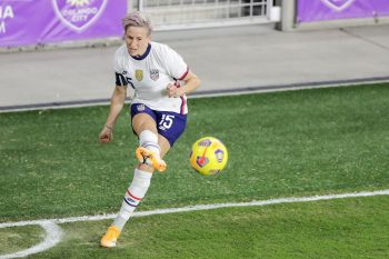 United States forward MEGAN RAPINOE (15) makes a corner kick during the USWNT vs Columbia match at Exploria Stadium in Orlando, Fl on January 22, 2021.