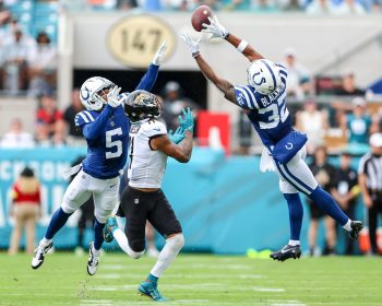 Indianapolis Colts safety JULIAN BLACKMON (32) tries for an interception during the Jacksonville Jaquars vs Indianapolis Colts NFL game at TIAA Bank Field Stadium in Jacksonville, Fl on September 18, 2022.