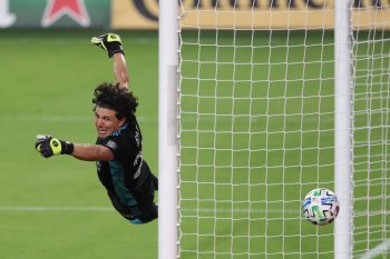 Orlando City goalkeeper BRIAN ROWE (23) misses a shot on goal during the Orlando City SC vs Nashville SC match at Exploria Stadium in Orlando, Fl on November 8, 2020.