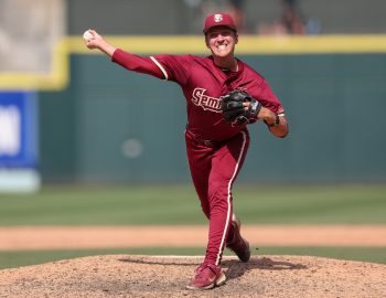 May 25, 2024; Charlotte, NC, USA; Florida State pitcher Conner Whittaker (13) throws a pitch in the ninth inning against Wake Forest during the ACC Baseball Tournament at Truist Field. Mandatory Credit: Cory Knowlton-USA TODAY Sports