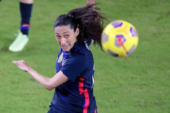 United States forward CHRISTEN PRESS (23) misses a shot on goal during the SheBelieves Cup USA vs Argentina match at Exploria Stadium in Orlando, Fl on February 24, 2021.