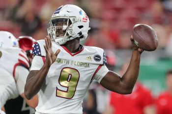 Tampa, FL - November 12: South Florida Bulls quarterback Timmy McClain (9) makes a pass during a college football game between South Florida Bulls and Cincinnati Bearcats played on November 12, 2021 at Raymond James Stadium in Tampa, FL. (Photo credit: Cory Knowlton/Sportscene Media)