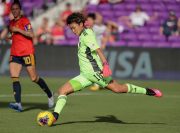Japan goalkeeper AYAKA YAMASHITA (18) passes the ball during the SheBelieves Cup Spain vs Japan match at Exploria Stadium in Orlando, Fl on March 5, 2020.