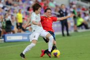 Japan midfielder JUN ENDO (19) competes for the ball during the SheBelieves Cup Spain vs Japan match at Exploria Stadium in Orlando, Fl on March 5, 2020.