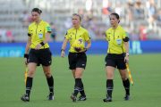 SheBelieves Cup referees exit the field after the SheBelieves Cup Spain vs Japan match at Exploria Stadium in Orlando, Fl on March 5, 2020.