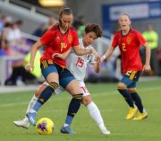 Spain midfielder VIRGINIA TORRECILLA (14) defends the ball against Japan forward MINA TANAKA (15) during the SheBelieves Cup Spain vs Japan match at Exploria Stadium in Orlando, Fl on March 5, 2020.