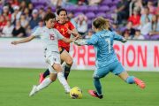 Japan forward MINA TANAKA (15) goes for a goal during the SheBelieves Cup Spain vs Japan match at Exploria Stadium in Orlando, Fl on March 5, 2020.