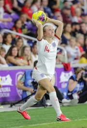 England defender LEAH WILLIAMSON (14) makes a throw in during the SheBelieves Cup United States vs England match at Exploria Stadium in Orlando, Fl on March 5, 2020.