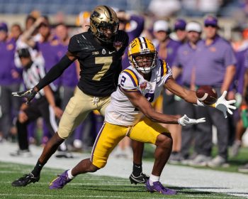 LSU Tigers wide receiver KYREN LACY (2) makes a catch during the 2023 NCAA Cheez-It Citrus Bowl game between the LSU Fighting Tigers and the Purdue Boilermakers at Camping World Stadium in Orlando, FL on January 2, 2023.