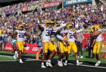LSU Tigers wide receiver LANDON IBIETA (24) and teammates celebrate after a touchdown during the 2023 NCAA Cheez-It Citrus Bowl game between the LSU Fighting Tigers and the Purdue Boilermakers at Camping World Stadium in Orlando, FL on January 2, 2023.