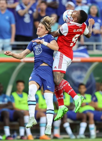 Arsenal forward GABRIEL JESUS (9) gets a header during the Florida Cup Series Arsenal vs Chelsea FC soccer match at Camping World  Stadium in Orlando, Fl on July 23, 2022.