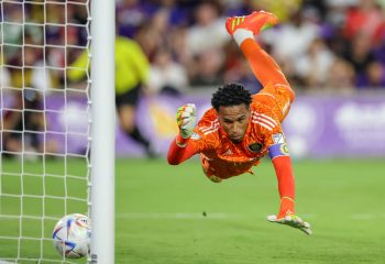 Orlando City goalkeeper PEDRO GALLESE (1) misses a block during the Florida Cup Series Orlando City vs Arsenal FC soccer match at Exploria Stadium in Orlando, Fl on July 20, 2022.