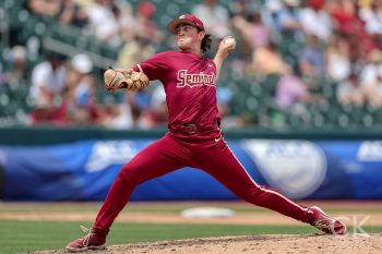 May 25, 2024; Charlotte, NC, USA; Florida State pitcher Connor Hults (15) throws the ball in the fourth inning against Wake Forest during the ACC Baseball Tournament at Truist Field. Mandatory Credit: Cory Knowlton-USA TODAY Sports