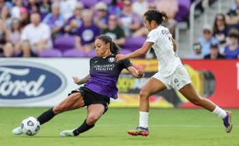 Orlando Pride forward SYDNEY LEROUX (2) makes a pass during the NWSL Orlando Pride vs NJ/NY Gotham FC soccer match at Exploria Stadium in Orlando, Fl on June 20, 2021.